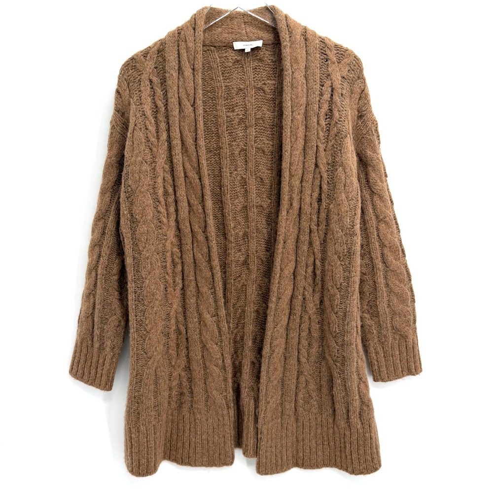 Vince Alpaca Wool Cable Knit Cardigan M Long Duster Brown Sweater Quiet Luxury